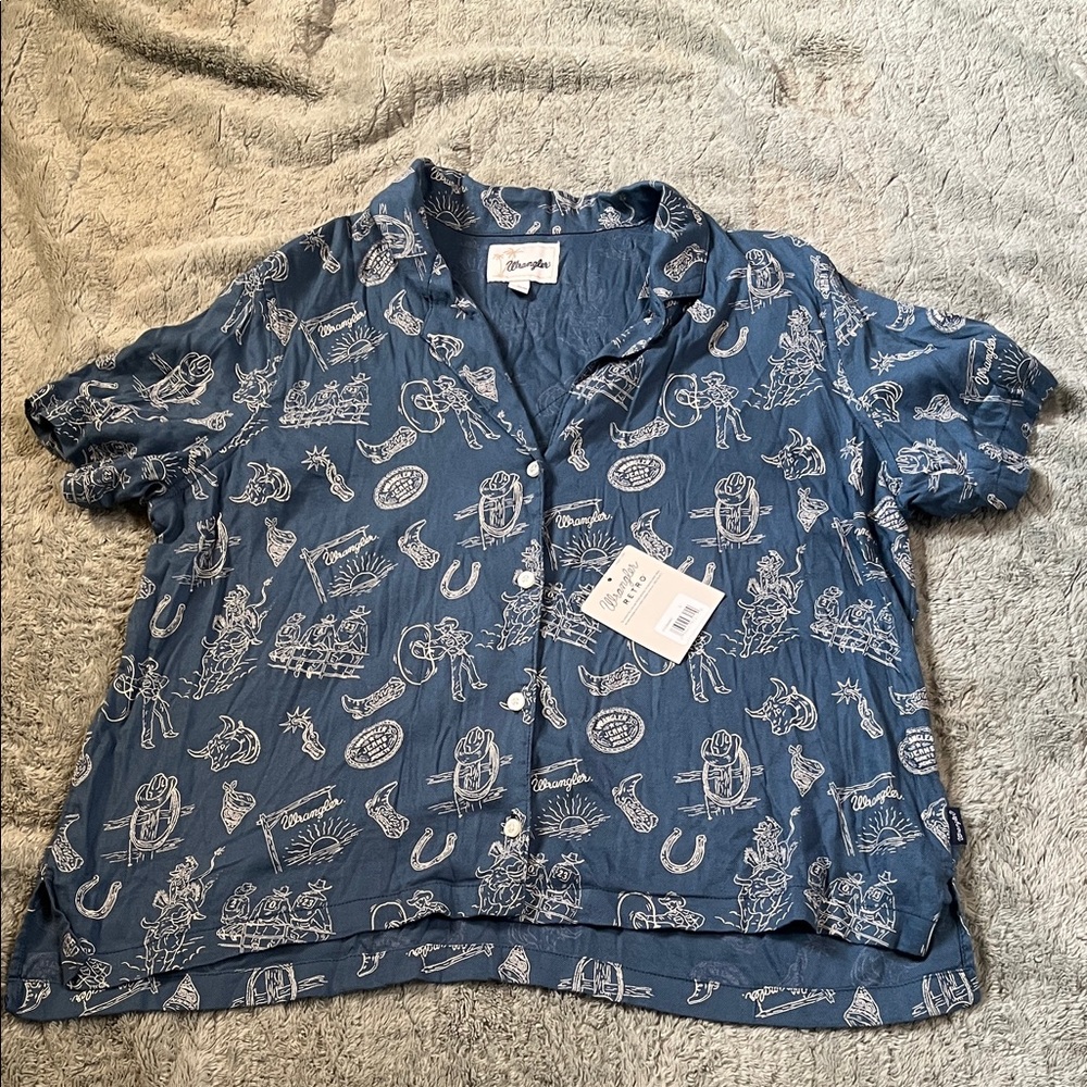 Wrangler Blue Short-Sleeve Button Front Top